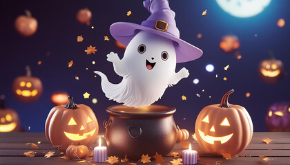 A friendly ghost in a witch hat, surrounded by glowing jack-o’-lanterns, brews magic in a cauldron amidst flying autumn leaves.