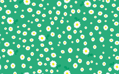 vector seamless pattern with exotic plants, leaves and flowers on a green background