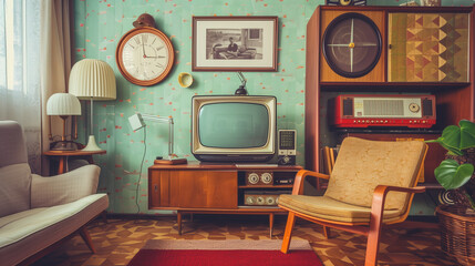 a vintage tv in the 60s era living room themed