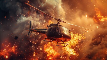 An expansive poster design with fire flames in the backdrop and a copy space that features a military helicopter navigating through smoke and flames in a desert, Generative AI.
