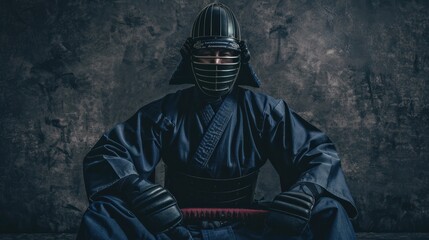 Fototapeta premium Portrait of Kendo master sitting and preparing for fight on dark gray background.