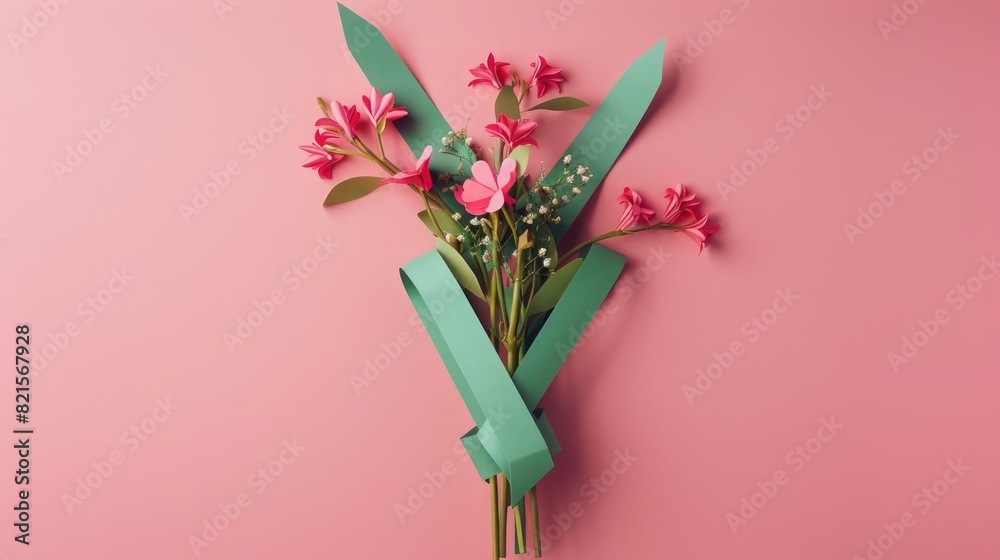 Wall mural paper cut out of a bouquet with green paper wrapped around it on a pink background, flowers in the s - Wall murals