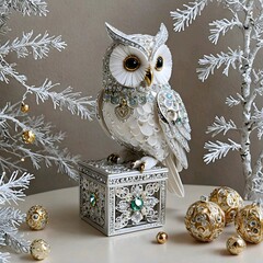 A regal owl with a bejeweled head rests gracefully on a white box.