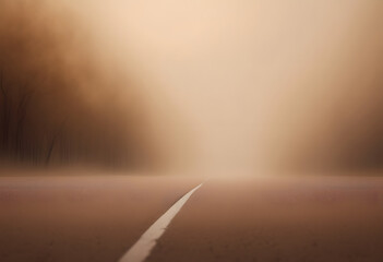 A deserted road disappearing into a thick fog, with barren trees barely visible on the sides.
