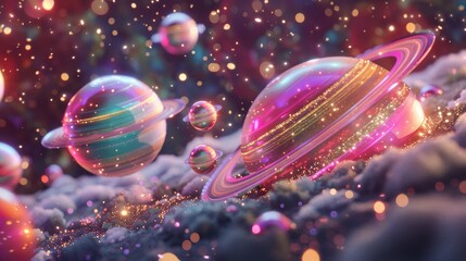 light pink candy planets,Large colorful candy saturns, dark night space background, shiny pearl wrappers, glitter dust, chocolate, water droplets
