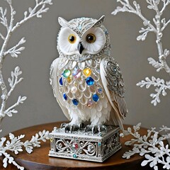 A white owl with a head shimmering with jewels sits elegantly on a white box.
