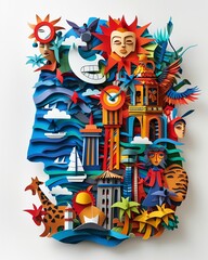 Design a vibrant and dynamic die-cut image showcasing various cultural symbols from around the world Emphasize unity and diversity in a visually striking way