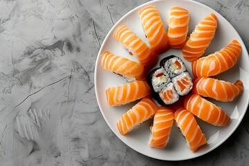 Image of mouthwatering sushi presented on a white circular dish, closely above set against a grey background with advertising copy space, Generative AI.