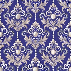 Seamless pattern of royal damask patterns with pearl and gemstone accents, adding a touch of sparkle and shimmer to your gift wrap, Generative AI
