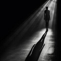 Illustrate the unseen force of celebrities on trend evolution A rear view of a figure in the spotlight, casting shadows that morph into popular trends Emphasize the powerful yet subtle influence
