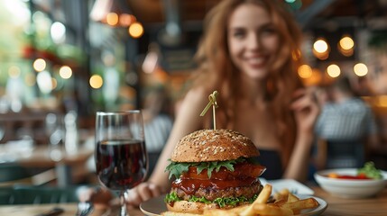 Stunning woman enjoying a plant-based vegan burger in close-up, smiling broadly and staring at the camera against a hazy background with space for text, Generative AI.