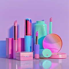 Naklejka premium Multi colored beauty product with make up box and cosmetics
