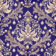 Seamless pattern of royal damask patterns with pearl and gemstone accents, adding a touch of sparkle and shimmer to your gift wrap, Generative AI