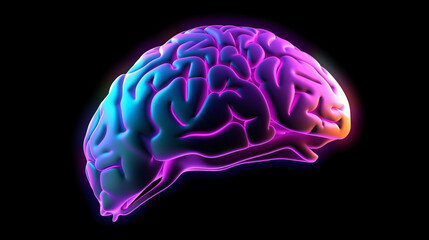 A 3D representation of a human brain against a black background with blue and purple lights.