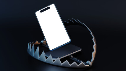 3d rendering of a metal bear trap and smartphone on the black background
