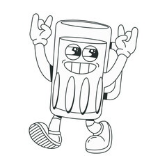 Happy beer glass retro character. Black and white vector illustration for coloring book