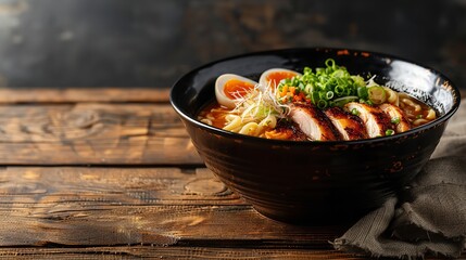 Upper aspect of a dark ramen soup bowl with noodles, spinach, hard-boiled egg, mushrooms and bamboo sprouts, isolated on a wooden surface with writing space, Generative AI.