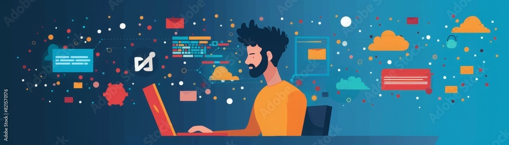 Wall mural modern digital illustration of a programmer working at a laptop, surrounded by code and technology e
