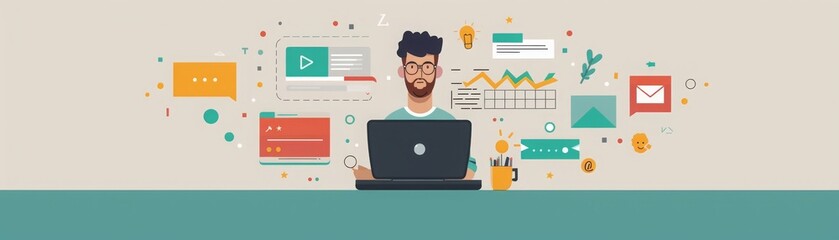 Naklejka premium Illustration of a man working on a laptop with various digital icons, charts, and social media elements representing online productivity.