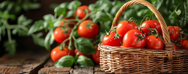 Freshly picked tomatoes in a wicker basket with lush green leaves in the background. Vibrant and healthy produce from the garden.