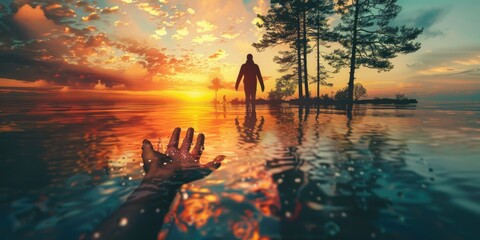 A hand reaching out towards the viewer, with a silhouette of person walking in water, sunset and trees in background, double exposure photography, hyper realistic - Powered by Adobe