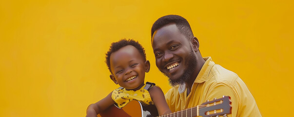 Cute black african father and child son daughter with guitar yellow background music father's day family love copy space