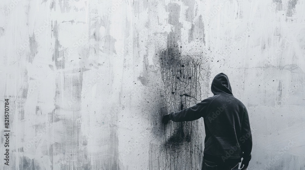 Wall mural photo of a person in a hoodie spray painting on a white concrete wall - Wall murals