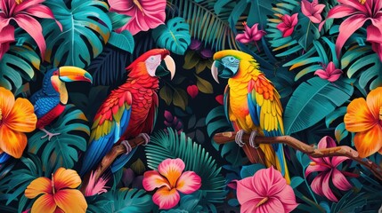 Obraz premium Vibrant Tropical Scene with Parrots and Toucan Amidst Lush Foliage and Exotic Flowers