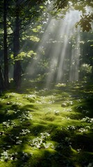 Obraz premium Sunlights Embrace A Peaceful Forest Canopy Bathed in Cinematic Light