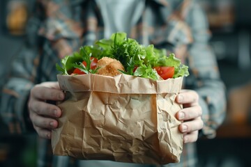 Person carrying ready-to-eat food in a paper bag against an unclear background with text space, Generative AI.