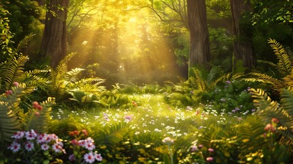 Fototapeta premium Enchanted Forest Oasis A SunDappled Clearing of Whimsical Fairy Tale Wonder