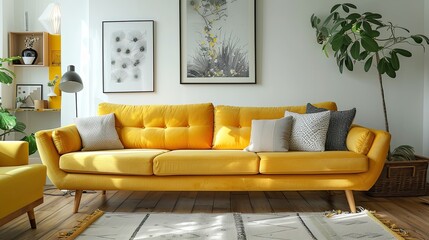 Obraz premium Modern Cozy Living Room with Yellow Sofa and Stylish Decor