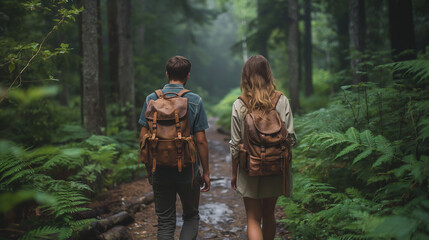 Young couple hiking through a forest trail, showcasing their backpacks and the natural scenery around them. Generative ai illustration.