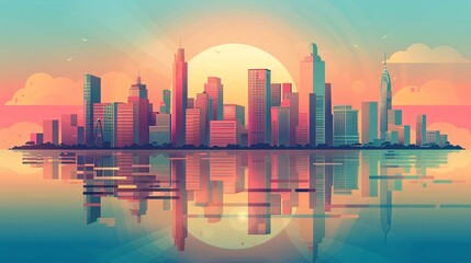 Obraz premium beautiful city skyline illustration at the sunset . view from across the water and with soft color