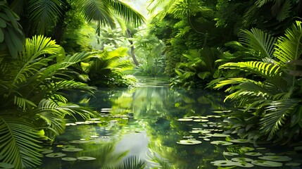 Serene Pond in a Lush Verdant World A Dreamy D of a Tranquil Oasis