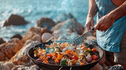 Outdoor Beach BBQ with Grilled Vegetables and Seafood in Scenic Coastal Setting