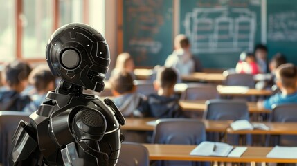 Photo of a robot teacher in front, children sitting behind at desks and learning from it,