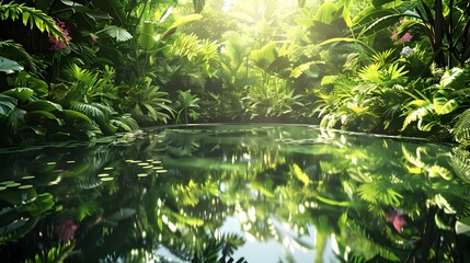 SunDappled Oasis A D of a Tranquil Idyllic Pond Bursting with Lush Flora and Vibrant Life
