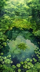Overgrown Pond in a Lush Landscape A Vibrant Pastoral