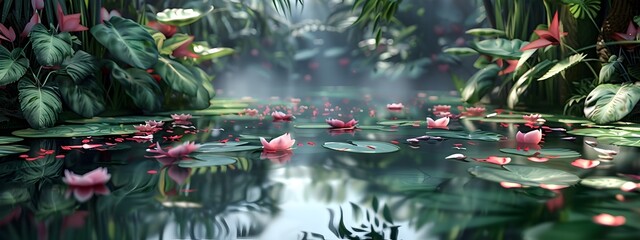 Enchanting Mystical Pond A Serene Otherworldly Environment of Flourishing Plant Life and Glasslike