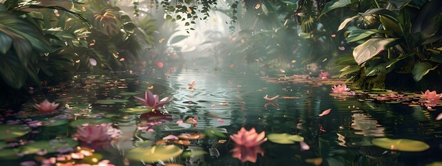 Enchanted Pond A Serene D Rendered Haven of Flourishing Plant Life and Whimsical Reflections