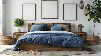 Vintage wooden bed with two bedside cupboards, three mock-up poster frames and blue cushions set against a white wall with flower vases, Generative AI.