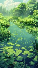 Overgrown Pond in a Lush Landscape A Vibrant Peaceful D