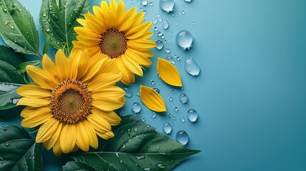 Flat lay top view of a yellow sunflower flower head with a harsh light pattern on a light blue backdrop and ad space, Generative AI.