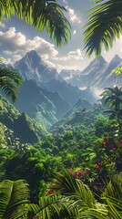 Fototapeta premium Majestic Peaks in a Verdant Realm A Cinematic D Rendered Landscape Evoking Romantic Dreams