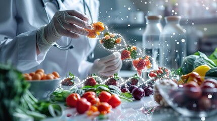 Examining food or vegetable DNA in a lab by a nutrition scientist or lab technician against blurry backdrop, Generative AI.