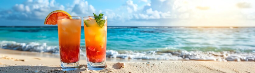 Obraz premium Two colorful cocktails on a sandy beach with a stunning ocean view, perfect for a tropical getaway or summer vacation.