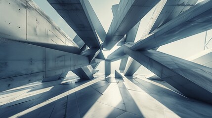 Conceptual, deconstructed building made of intersecting, razor-sharp planes and suspended,...