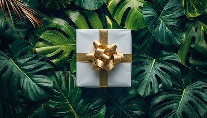 Innovative floral design, tropical green Monstera leaves around a white gift box with a gold ribbon bow and a mock-up of product presentation with split palm leaves, Generative AI.