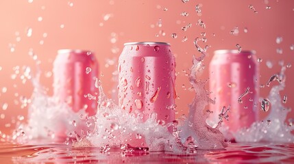 An advertisement mock-up featuring a cold and colourful metallic soda can that is splattering water and has drips of condensation in it against red backdrop, Generative AI.